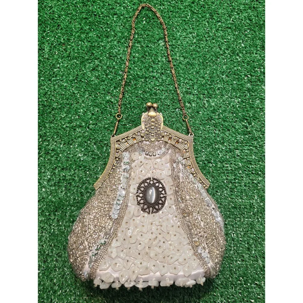 Vintage Beaded Sequined Evening Clutch Bag Antique Gold Tone Frame White Shell